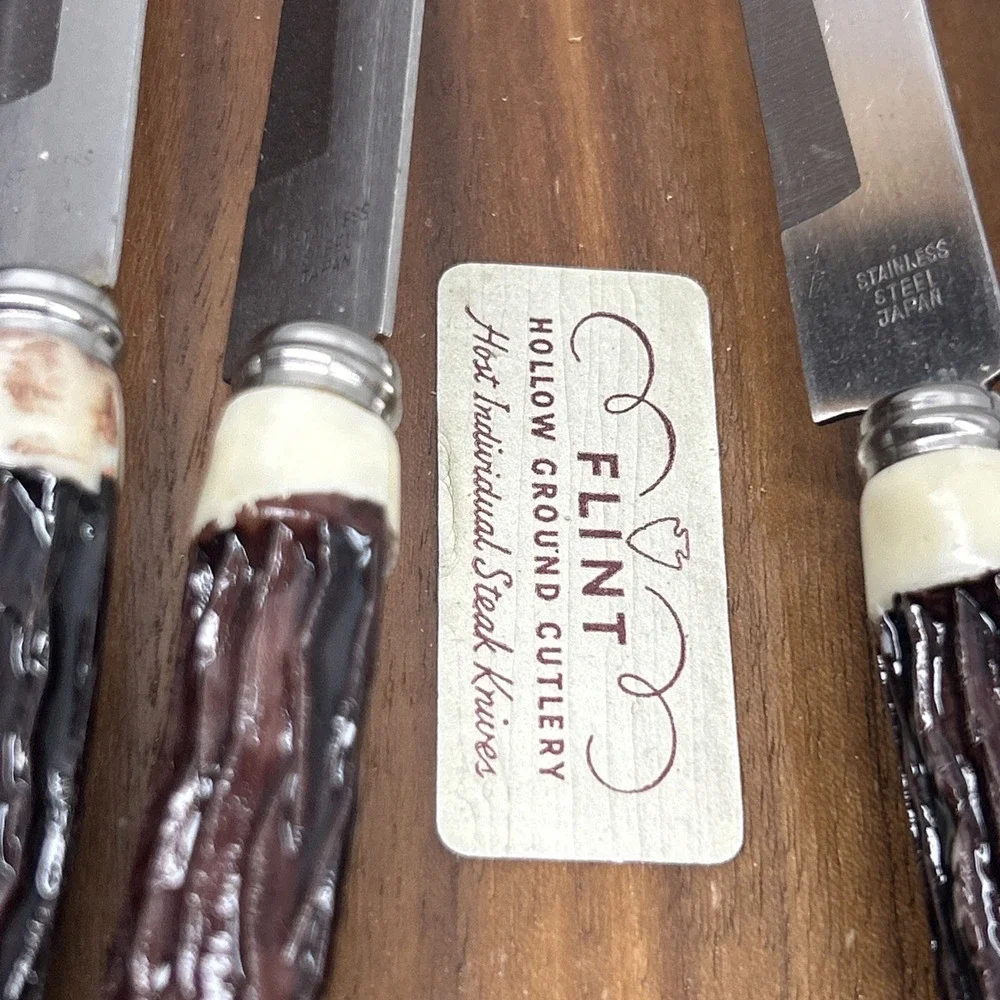 Flint Hollow Ground Cutlery Faux Antler Handle Steak Knives Set of 6